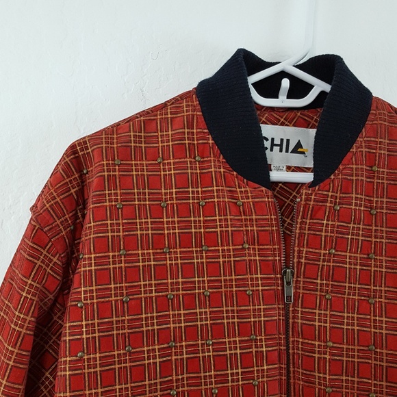 **NFS** {Vintage} Red Gold Plaid Suede Stud Jacket - Picture 2 of 8